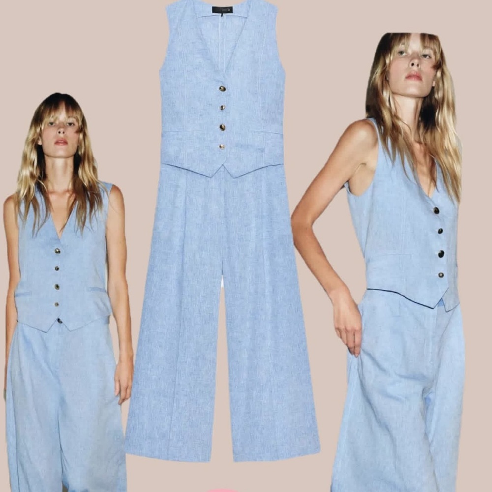 Zara NWT linen blend waistcoat jumpsuit blue 8461/789 - Picture 2 of 9